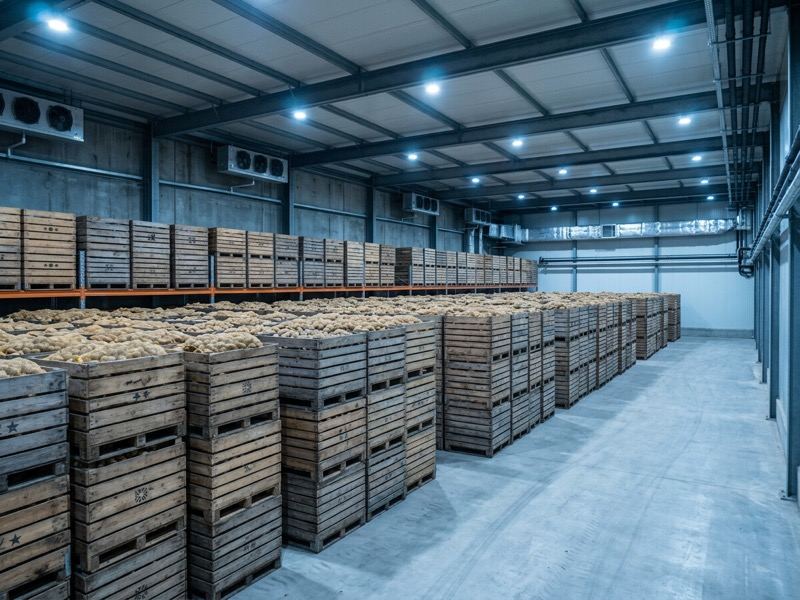 Gekoelde opslagcel met gestapelde zakken aardappelen