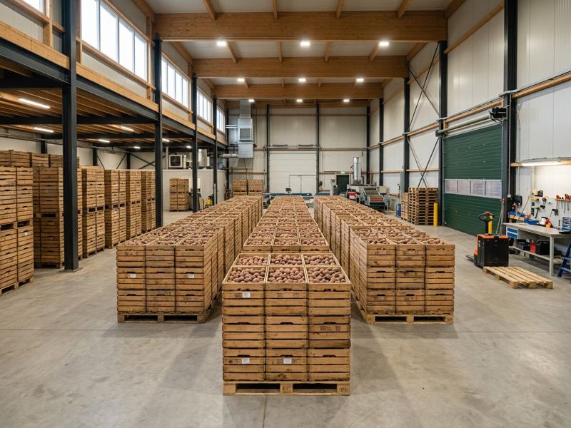 Professionele opslagloods met kratten pootaardappelen
